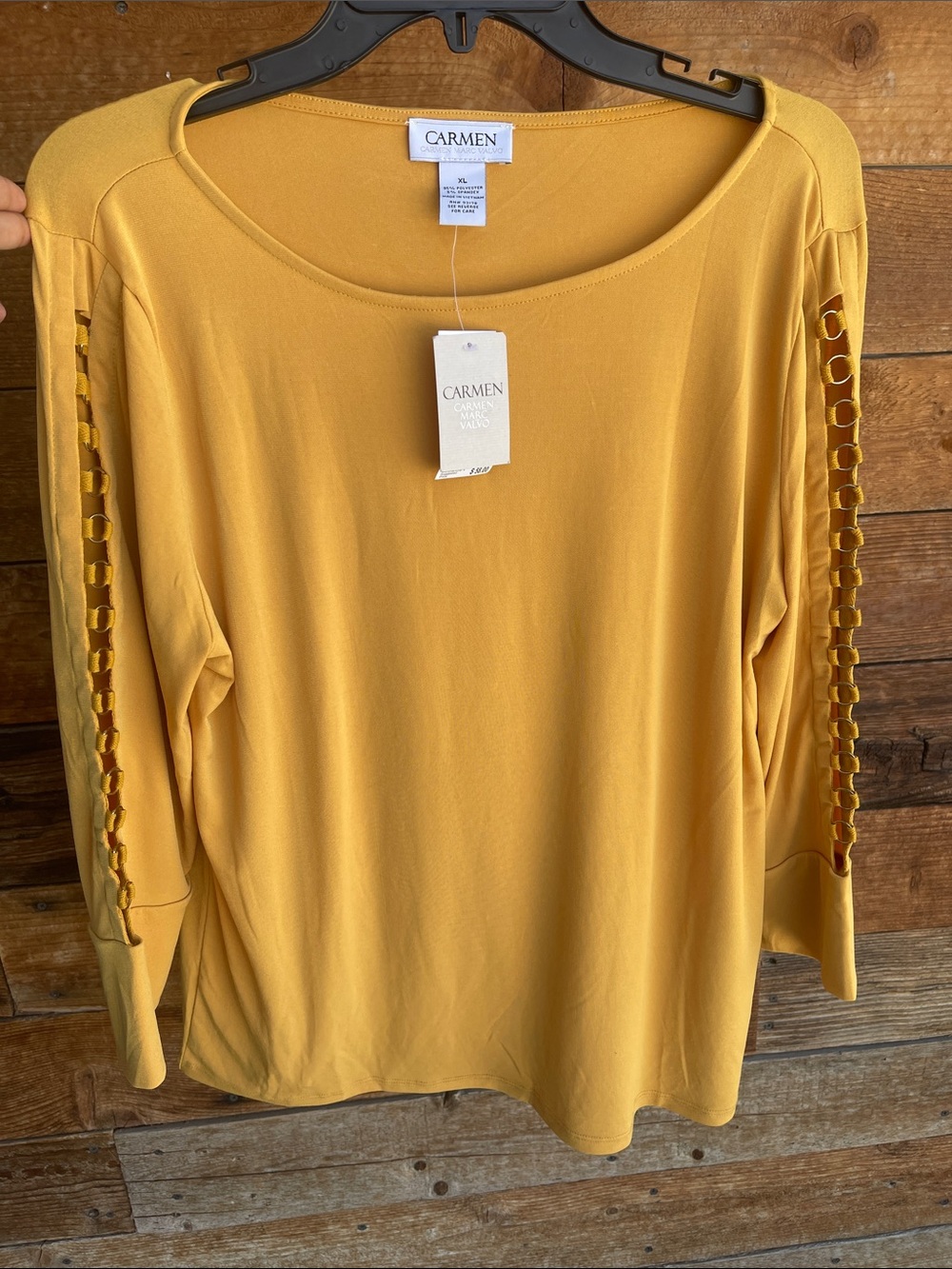 Carmen Marc Valvo Mustard Yellow Cutout Sleeve Top XL NWT Flaw